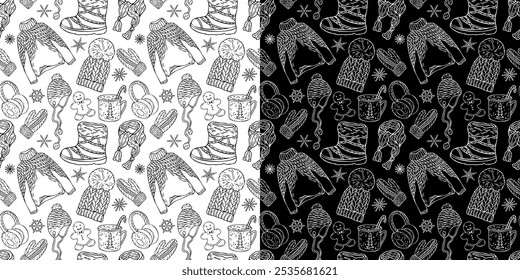 New Year seamless background with handmade design in doodle steel. Hat, gloves, sweater on an isolated white and black background. Winter clothes. Doodle vector illustration.