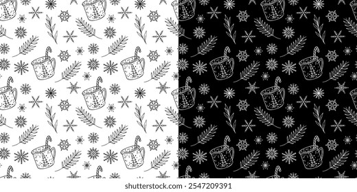 New Year seamless background with handmade design. Hot drinks and snowflakes on an isolated background. Doodle vector illustration.