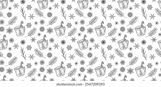 New Year seamless background with handmade design. Hot drinks and snowflakes on an isolated background. Doodle vector illustration.