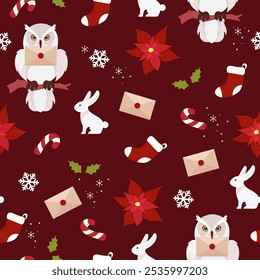 New Year seamless background. Owls and hares. 2025 New Year. Vector cartoon illustration.