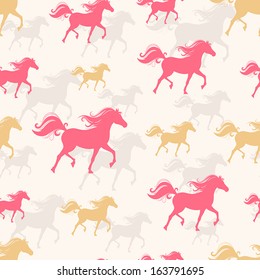 New Year seamless background with pink and orange prancing horses. The symbol of the new year 2014. vector illustration 