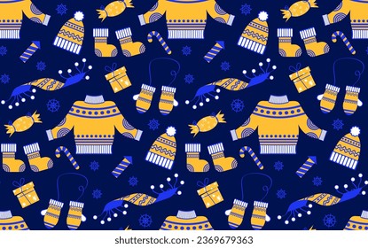 New Year seamless background with winter clothes in flat retro style. Vector pattern with winter accessories.