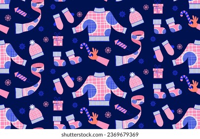 New Year seamless background with winter clothes in flat retro style. Vector pattern with winter accessories.