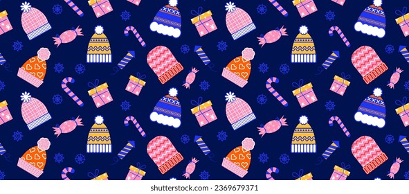 Silvester nahtloser Hintergrund mit Winterbekleidung im flachen Retro-Stil. Vektormuster mit Winterzubehör.
