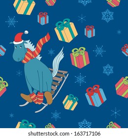 new year seamless with blue horse as Santa