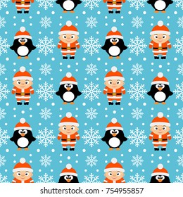 New Year seamless with boys and penguins.Vector illustration