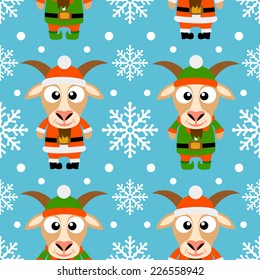 New Year seamless card with funny goat santa claus and goat elf 