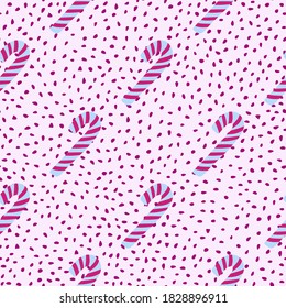 New year seamless doodle pattern with xmas candy lollipop ornament. Light dotted background. Blue and pink striped sweet elements. Vector illustration.