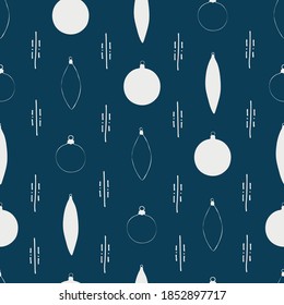 Año Nuevo con ilustraciones vectoriales a mano sin fisuras con juguetes navideños. Bolas blancas en un fondo azul. Idea para un envoltorio vacacional.