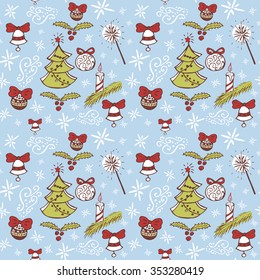 New year seamless hand drawn doodle pattern with bells, holiday's balls, bengal fires, christmas tree and candles