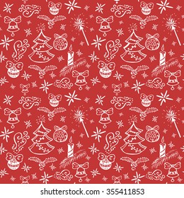 New year seamless hand drawn doodle pattern in red white color with bells, holiday's balls, bengal fires, christmas tree and candles