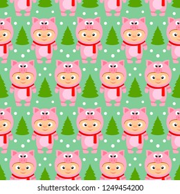 New Year seamless with kids in costume pig.Vector illustration