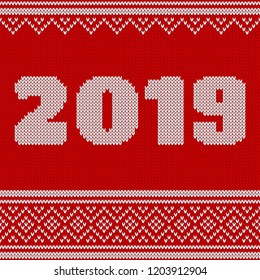 New Year Seamless Knitted Pattern with number 2019. Knitting Sweater Design. Wool Knitted Texture. Stitches grouped by rows. Easy to edit. Vector illustration