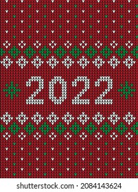 New Year Seamless Knitted Pattern with number 2022. Knitting Sweater Design. Wool Knitted Texture. Vector illustration