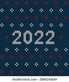 New Year Seamless Knitted Pattern with number 2022. Knitting Sweater Design. Wool Knitted Texture. Vector illustration
