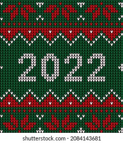 New Year Seamless Knitted Pattern with number 2022. Knitting Sweater Design. Wool Knitted Texture. Vector illustration