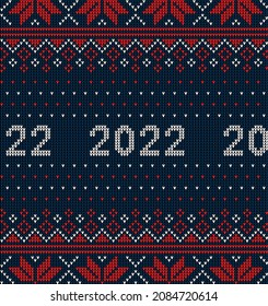 New Year Seamless Knitted Pattern with number 2022. Knitting Sweater Design. Wool Knitted Texture. Vector illustration EPS 10