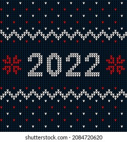 New Year Seamless Knitted Pattern with number 2022. Knitting Sweater Design. Wool Knitted Texture. Vector illustration EPS 10