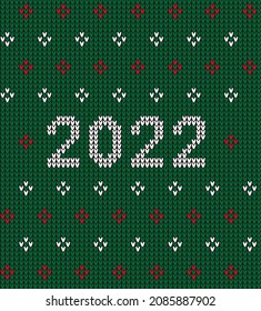 New Year Seamless Knitted Pattern with number 2022. Knitting Sweater Design. Wool Knitted Texture. Vector illustration
