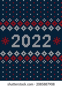 New Year Seamless Knitted Pattern with number 2022. Knitting Sweater Design. Wool Knitted Texture. Vector illustration