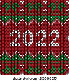 New Year Seamless Knitted Pattern with number 2022. Knitting Sweater Design. Wool Knitted Texture. Vector illustration