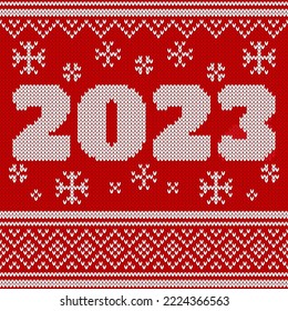 New Year Seamless Knitted Pattern with number 2023. Knitting Sweater Design. Wool Knitted Texture. Vector illustration