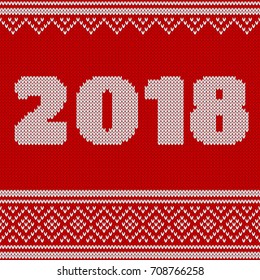 New Year Seamless Knitted Pattern with number 2018. Knitting Sweater Design. Wool Knitted Texture. Stitches grouped by rows. Easy to edit. Vector illustration