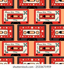 Silvester nahtloses Muster mit Audiokassetten. Weihnachtsdesign-Hintergrund. Trendy Weihnachtsmuster für Druck, Umschlagpapier, Notebook-Abdeckung.