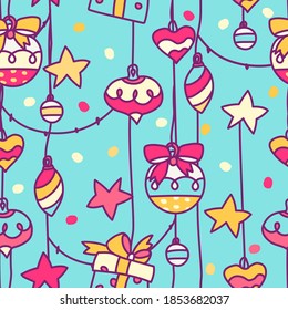 New Year Seamless pattern with New year balls and toys. Printable background or endless decoration for web wallpaper.