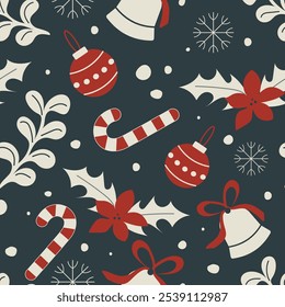 New Year seamless pattern with balls, candies and flowers form a festive seamless pattern for modern wrapping paper. Vector.