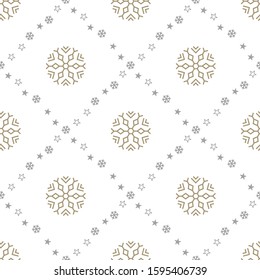 New Year seamless pattern with big snowflakes on white background. Vector illustration. Christmas background. For web design, wrapping paper, scrapbooking, for printing on textile, crockery, package.