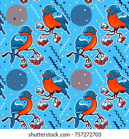 new year seamless pattern. Blue bright color. Hand drawn bullfinch on rowan branch. Modern memphis style, vector illustration. Used for print packing, background, wallpaper, wrapping,