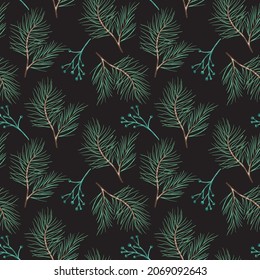 New year seamless pattern with branches, berries and flowers. Christmas floral hand drawn wrap paper or fabric design.