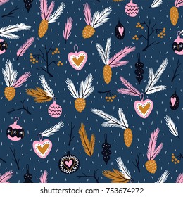 New year seamless pattern with branches of fir tree and berries. Christmas hand drawn wrap paper or fabric design.