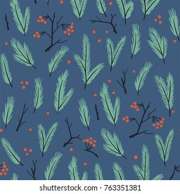 New year seamless pattern with branches of fir tree and berries. Christmas hand drawn wrap paper or fabric design.