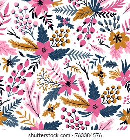 New year seamless pattern with branches, berries and flowers. Christmas floral hand drawn wrap paper or fabric design.