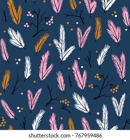 New year seamless pattern with branches of fir tree and berries. Christmas hand drawn wrap paper or fabric design.