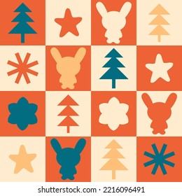 New Year seamless pattern with bunnies and Christmas trees. Checkered print for tee, paper, fabric, textile. Retro style vector illustration for decor and design. 



