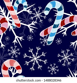 New Year Seamless Pattern with  candy canes and snowflakes,. Vector illustration. 