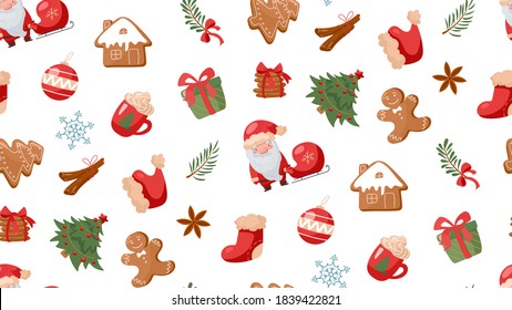 Patrón sin fisuras de Año Nuevo al estilo de las caricaturas. Aislado sobre fondo blanco. Árbol de Navidad, santa claus, pan de jengibre, chocolate caliente, canela. Vector 