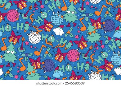 Modelo inconsútil del año Nuevo con el árbol de navidad de la historieta, notas, caja de regalo, estrellas, vela y cuernos de ciervo. Impresión de vacaciones de Doodle. Estampado de invierno. 