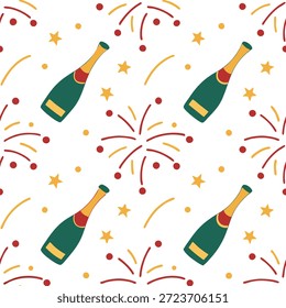 Ano Novo padrão sem costura com champanhe garrafas de confete e fogos de artifício para um conceito tema de celebração explosivo e animado como padrão de Ano Novo Explosivo com champanhe garrafas de confete e fogos de artifício para uma celebração de alta energia olhar no conceito de Photo Stock e espaço vazio no lado esquerdo, sem texto —ar 7:2 —tile