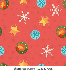 New Year seamless pattern with Christmas bauble jingle bells star and snowflake on red background vector illustration