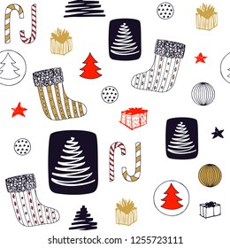 New Year seamless pattern with christmas stocking, candy, christmas tree, balls ang gifts. Hand drawn vector design elements. Cute sweet doodle vector background. Black, white, red, gold isolated