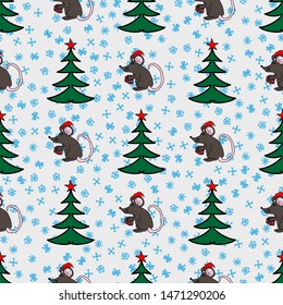 New year seamless pattern with Christmas trees, rats and snowflakes drawn by hand. Funny vector illustration.
