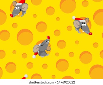 New year seamless pattern. Christmas mice in cheese holes. Cartoon cute rat, symbol of 2020 year. Chinese New Year. Vector illustration