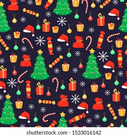 New year seamless pattern with Christmas tree and gifts, candies and snowflakes. Holiday winter decorative background. Vector illustration. Cartoon flat style.