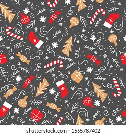  New Year seamless pattern with Christmas socks, Christmas tree, candies, snowflakes. vector illustration