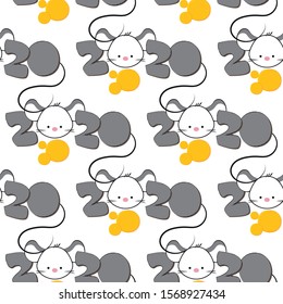 New year seamless pattern. Christmas mice and cheese holes. Chinese New Year. Vector illustration. Cartoon cute mouse and numbers 2020 