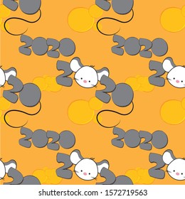New year seamless pattern. Christmas mice and cheese holes. Chinese New Year. Cartoon cute mouse. Vector